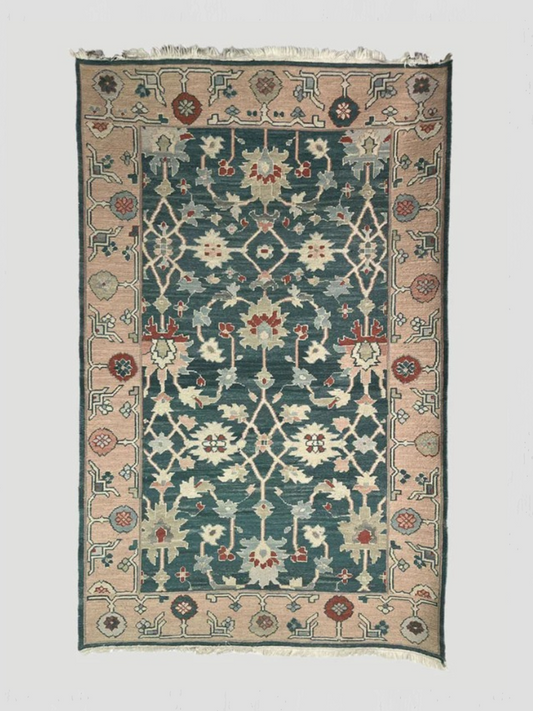 Turkish Rug Teal Field with Peach Border