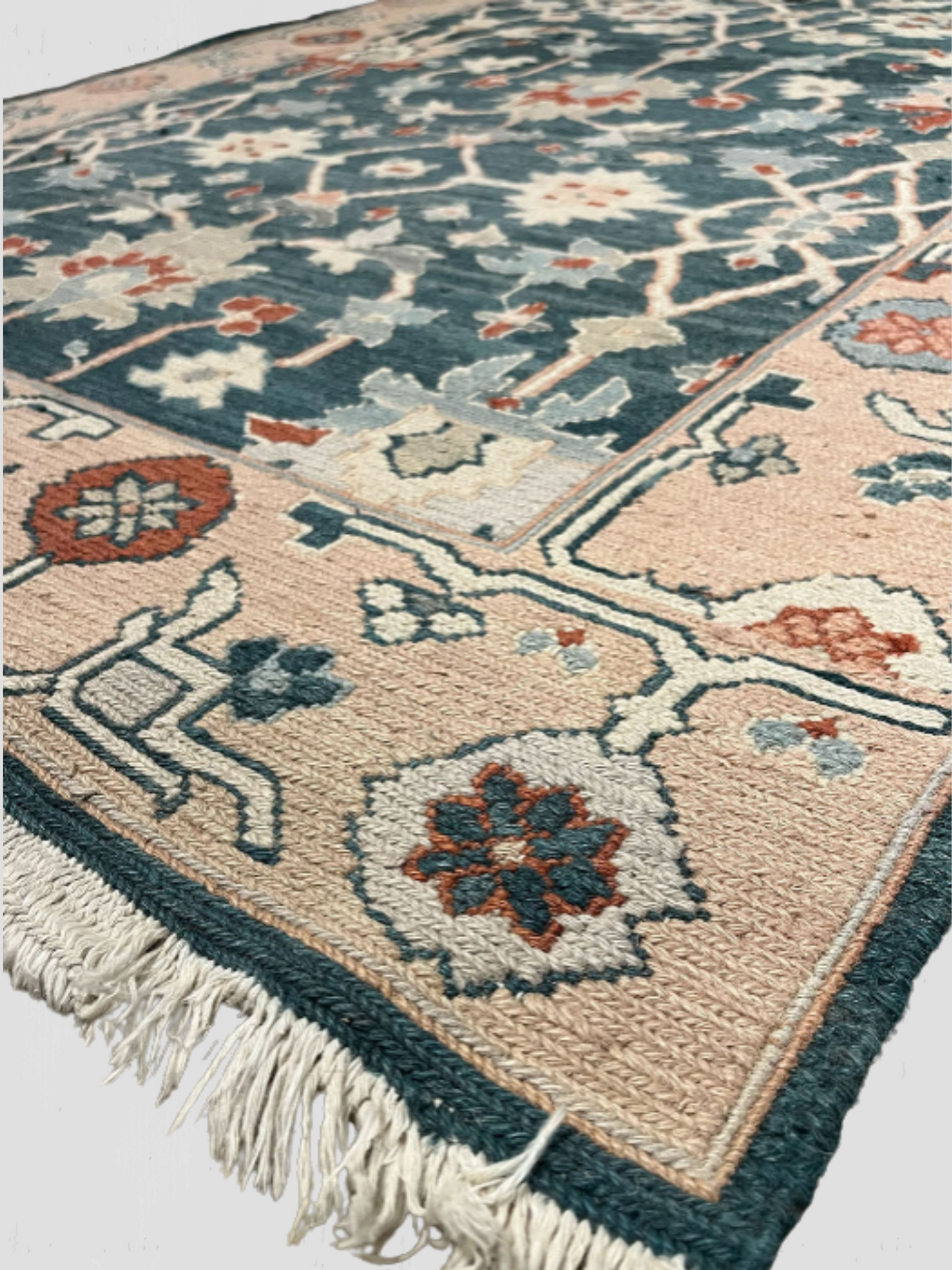 Turkish Rug Teal Field with Peach Border