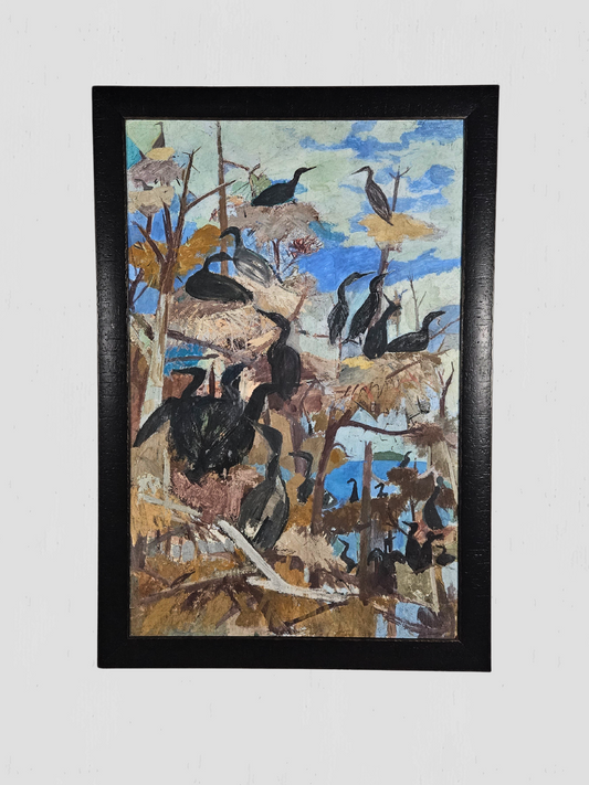 "Shorebirds in Trees" Original Painting on Paper, Morris Shulman, 1952