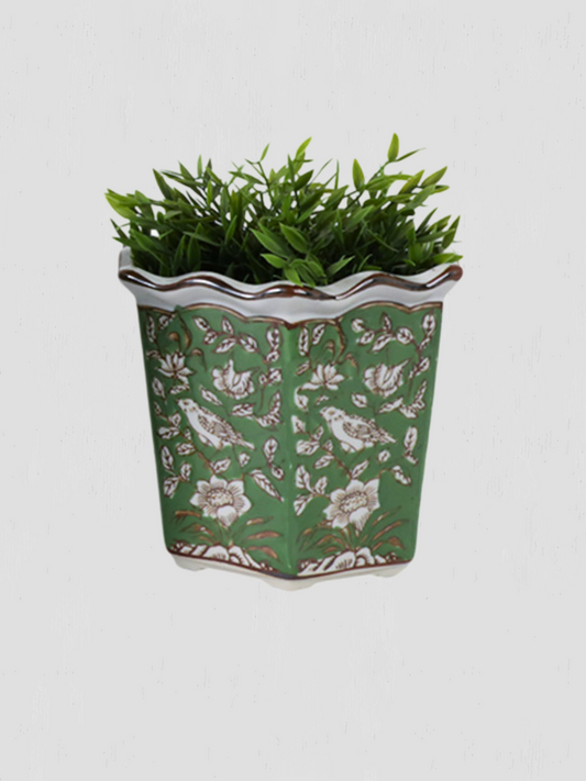 Small Green Chinoiserie Bird Planter