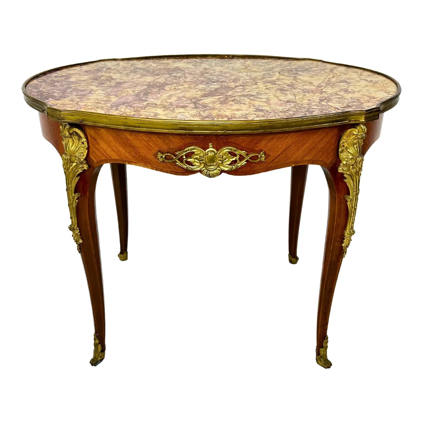 Vintage Fruitwood Louis XV Style Marble Top Coffee Table Ormolu Mounts