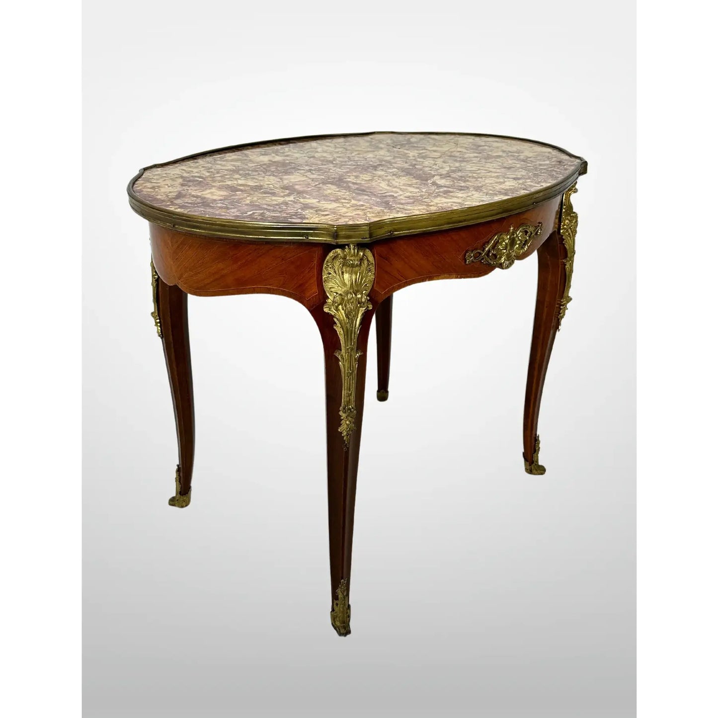 Vintage Fruitwood Louis XV Style Marble Top Coffee Table Ormolu Mounts