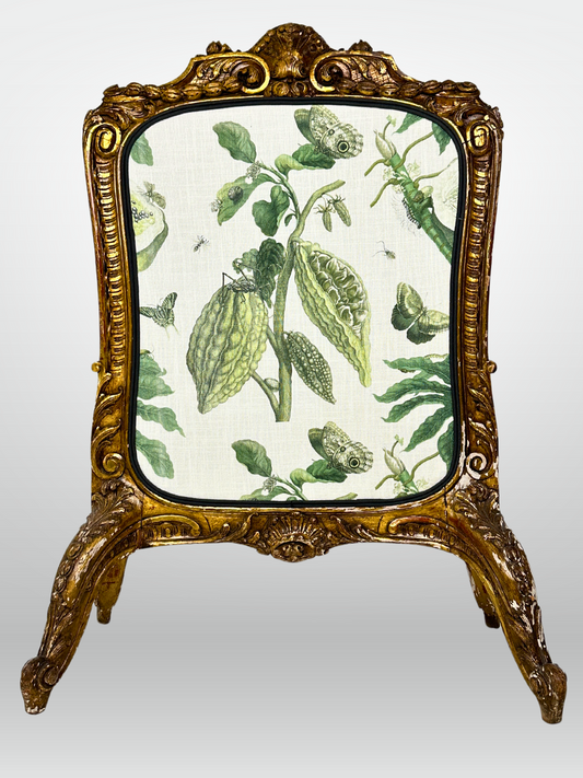 19th Century Carved Fire Screen Upholstered in Gastón Y Daniela Linen