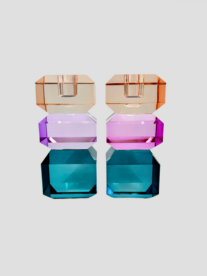 Faceted Crystal Candle Holder Pair Aqua, Light Fuchsia & Orange