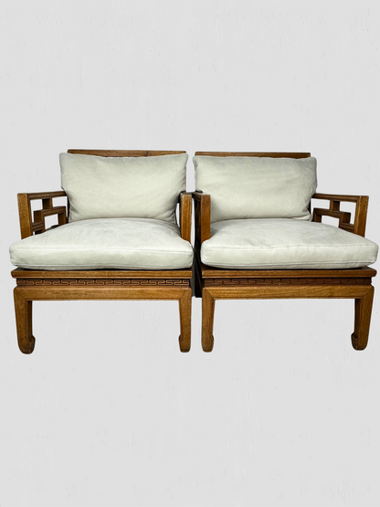 Vintage Mid-Century Carved Oak Ming Style Lounge Chairs Cream Ultrasuede Pair