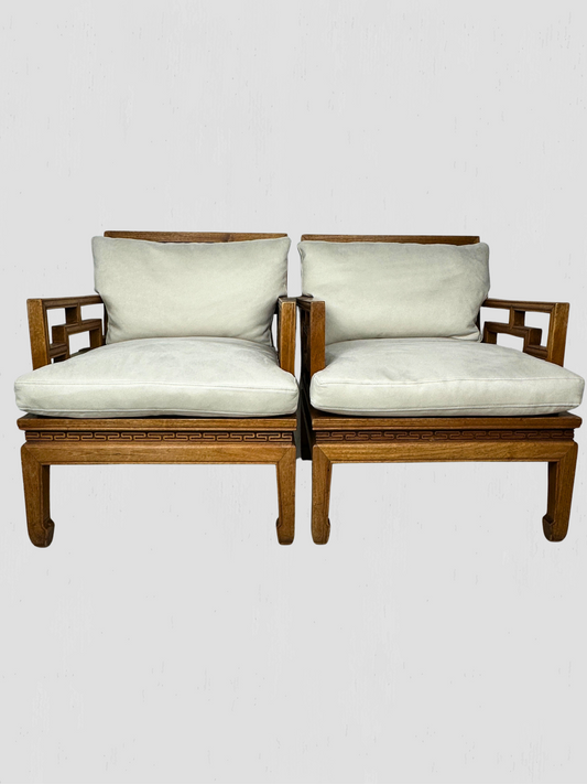 Vintage Mid-Century Carved Oak Ming Style Lounge Chairs Cream Ultrasuede Pair