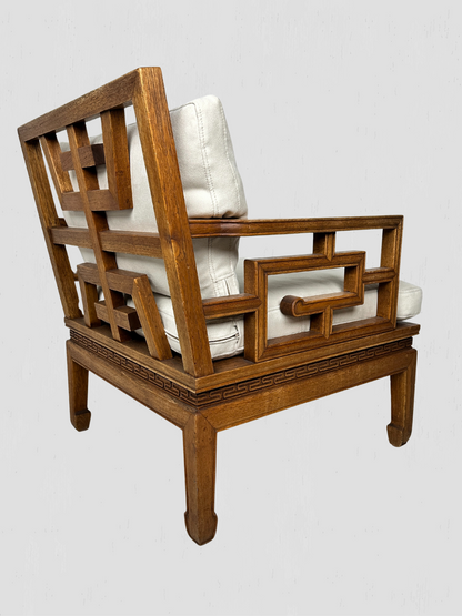 Vintage Mid-Century Carved Oak Ming Style Lounge Chairs Cream Ultrasuede Pair