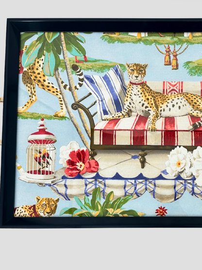 Blue Decorative Animalia Cheetah Tray Lucite & Gold Handles