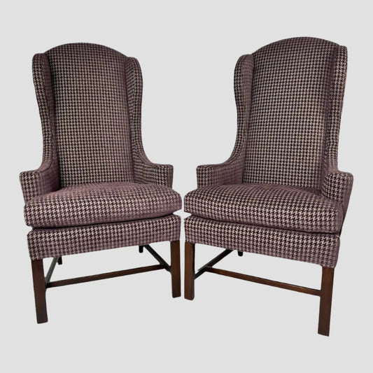 1950s Mid-Century Petite Wing Chairs Newly Upholstered Houndstooth Chenille - a Pair
