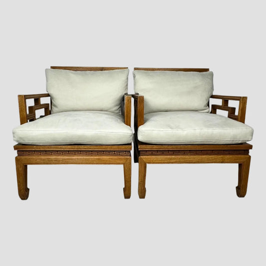 1960s Mid-Century Carved Oak Ming Style Lounge Chairs Cream Ultrasuede Pair