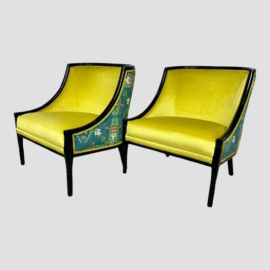 1960s Mid-Century Ebonized Faux Bamboo & Chartreuse Velvet Lounge Hip Rest Chairs- Set of 2