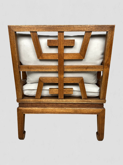 Vintage Mid-Century Carved Oak Ming Style Lounge Chairs Cream Ultrasuede Pair