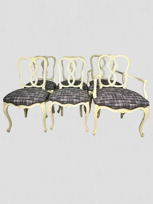 Mid-Century Carved Ribbon Back White Dining Chairs Set of 6 Holland & Sherry Fabric