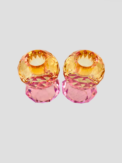 Faceted Crystal Candle Holder Pair - Light Pink & Orange