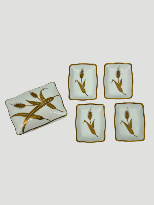 Vintage Fujiyama Porcelain Box and Dishes Set of 5 in "Gold Wheat"