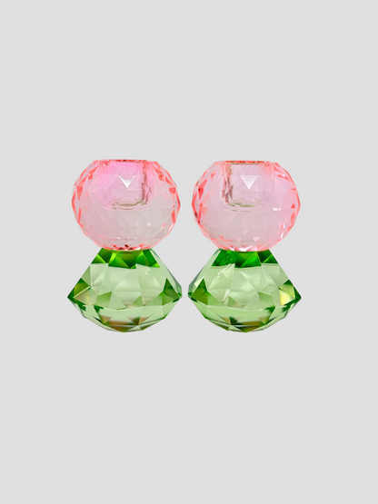 Faceted Crystal Candle Holder Pair - Baby Pink & Mint