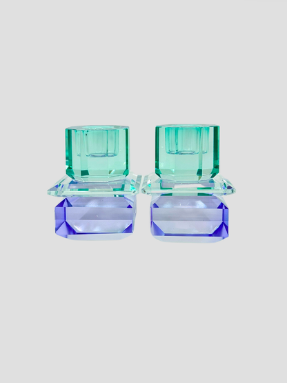 Faceted Crystal Candle Holder Pair - Light Mint & Blue