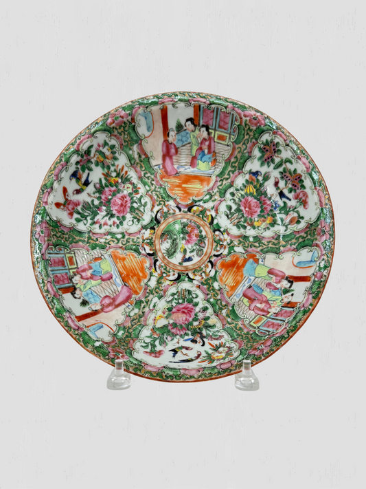 19th C Antique Rose Medallion Chinoiserie Porcelain Bowl