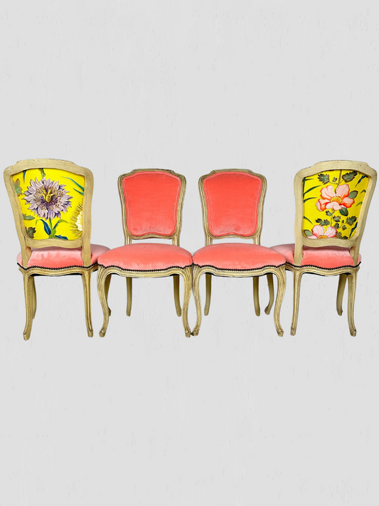 1960s Mid-Century French Chairs Bethlehem Furniture Set of 4 Coral Velvet