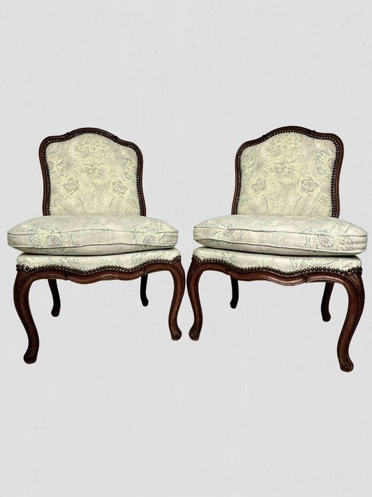 French Slipper Chair Carved Exposed Frame Floral Linen Pair