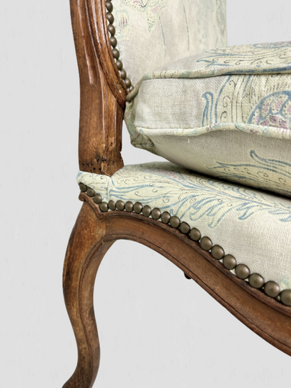 French Slipper Chair Carved Exposed Frame Floral Linen Pair