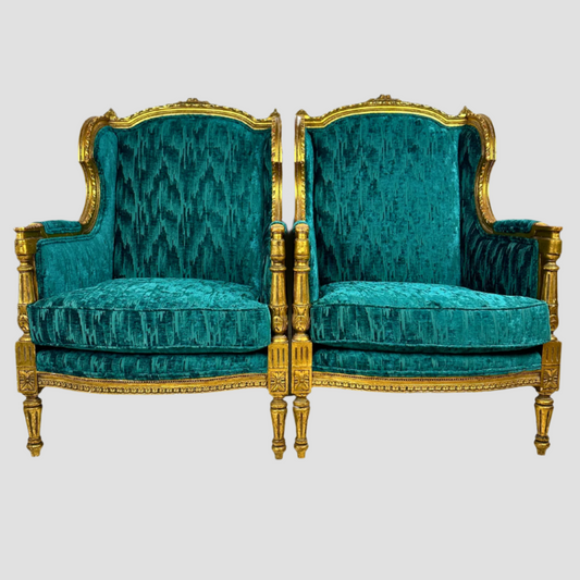 19th Century Heavily Carved Gilt Louis XV Armchair Pair Cut Velvet