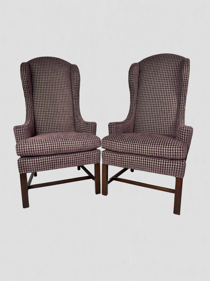 Mid-Century Petite Wing Chair Pair Newly Upholstered Houndstooth Chenille
