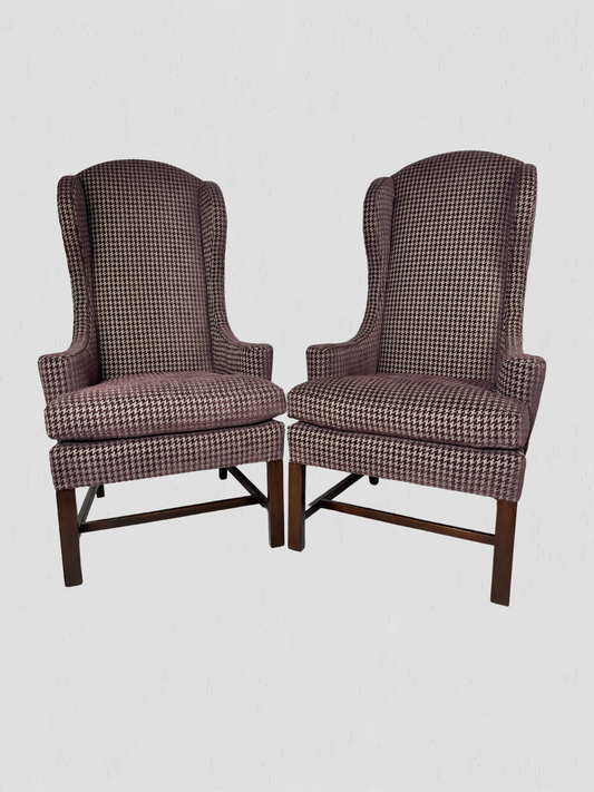 Mid-Century Petite Wing Chair Pair Newly Upholstered Houndstooth Chenille