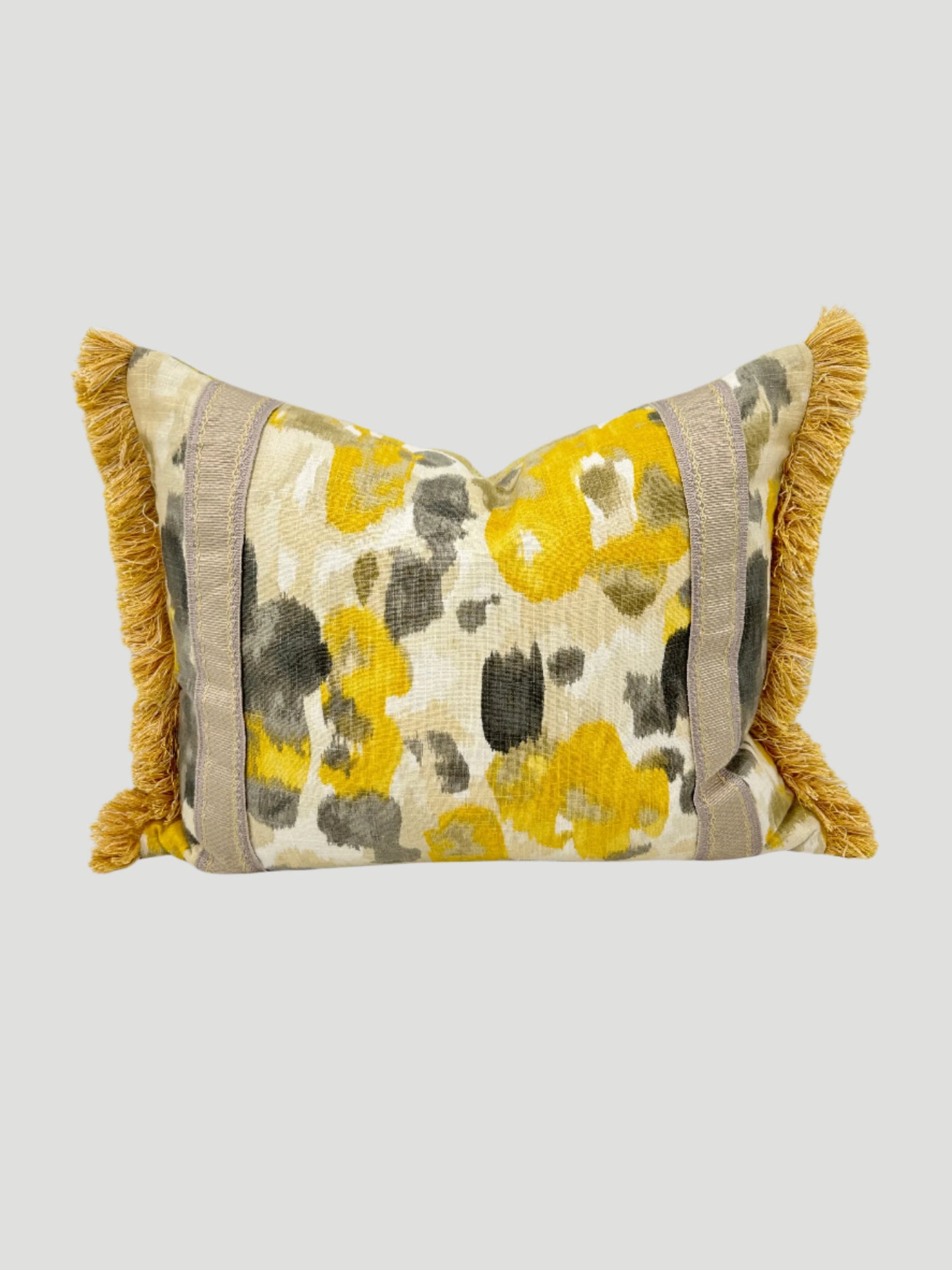 Yellow & Gray Linen Double Sided Lumbar Pillow With Fringe