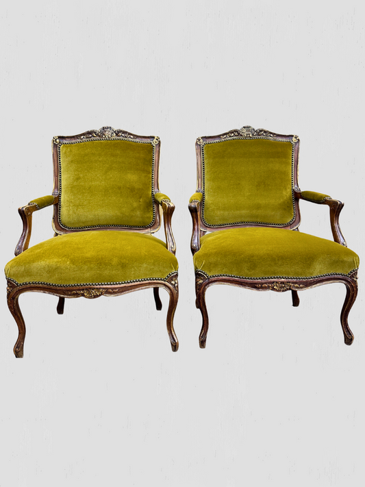 Louis XV Armchair Velvet and Schumacher Linen Pair