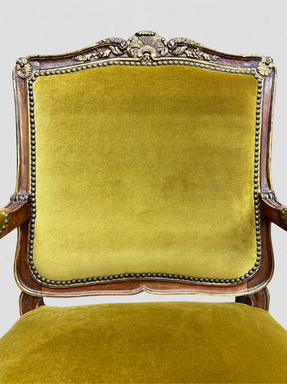 Louis XV Armchair Velvet and Schumacher Linen Pair