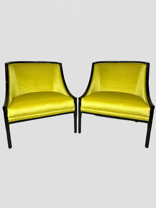 Mid-Century Ebonized Faux Bamboo & Chartreuse Velvet Lounge Hip Rest Chairs Pair