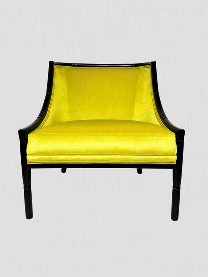 Mid-Century Ebonized Faux Bamboo & Chartreuse Velvet Lounge Hip Rest Chairs Pair