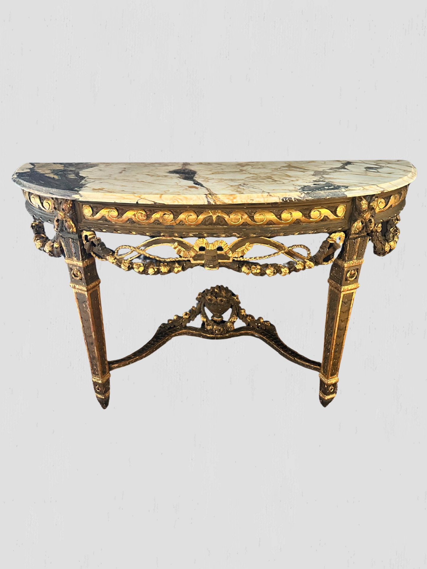 19th Century Rococo Carved Gilt Demilune Wall Mount Table Marble Top Antique