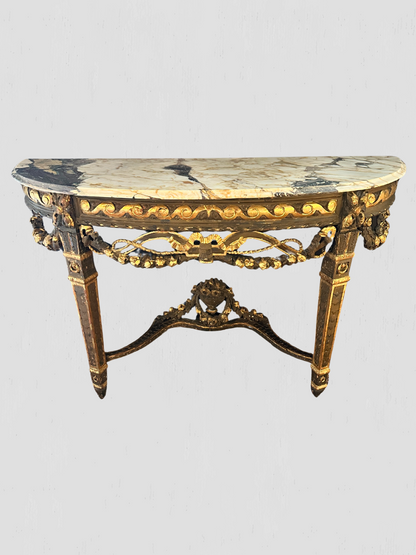 19th Century Rococo Carved Gilt Demilune Wall Mount Table Marble Top Antique