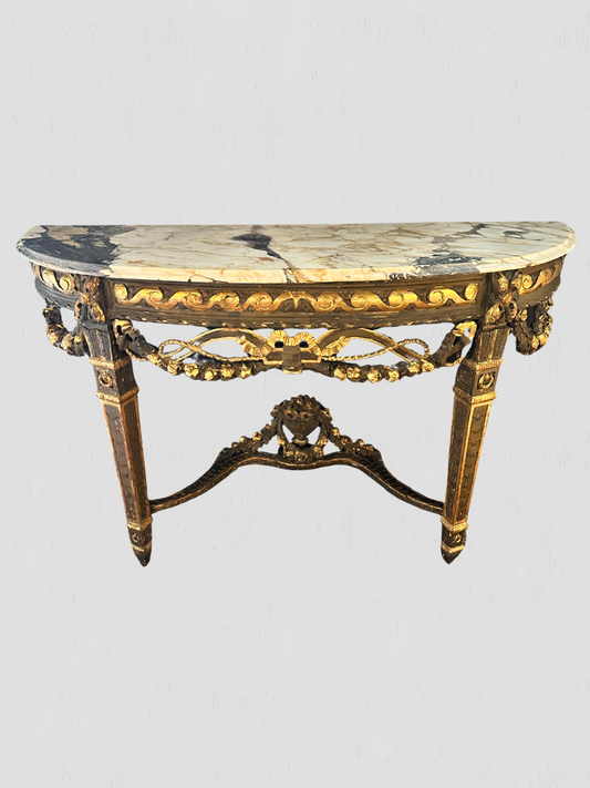19th Century Rococo Carved Gilt Demilune Wall Mount Table Marble Top Antique