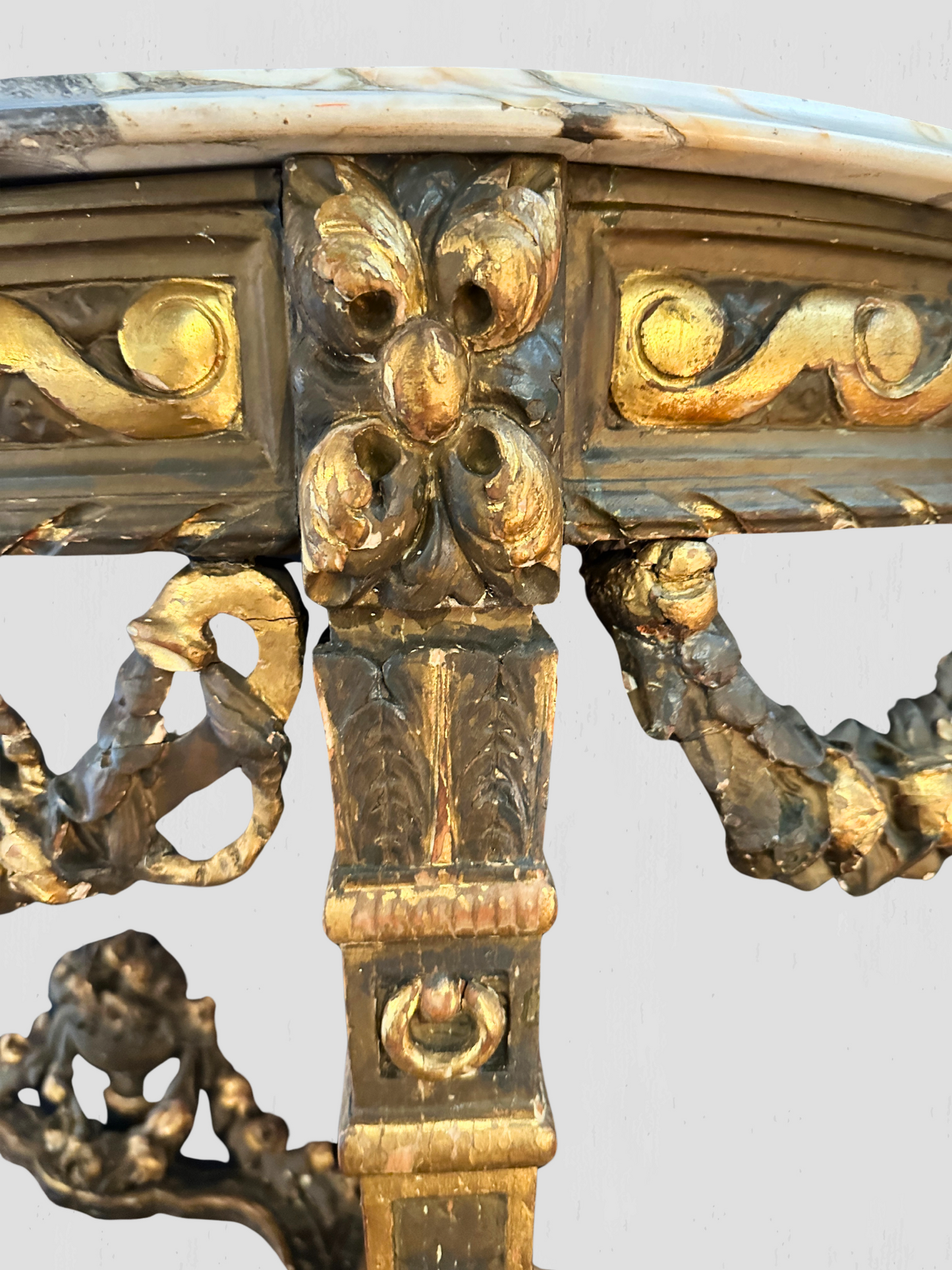 19th Century Rococo Carved Gilt Demilune Wall Mount Table Marble Top Antique