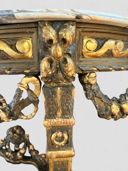 19th Century Rococo Carved Gilt Demilune Wall Mount Table Marble Top Antique