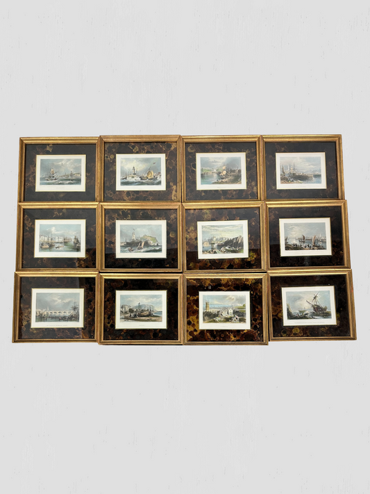 Set of 12 Hand Colored Nautical Engravings with Gold Leaf Frames