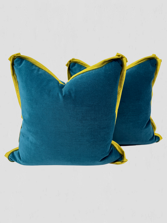 Teal Velvet with Chartreuse Flange Pillow Pair