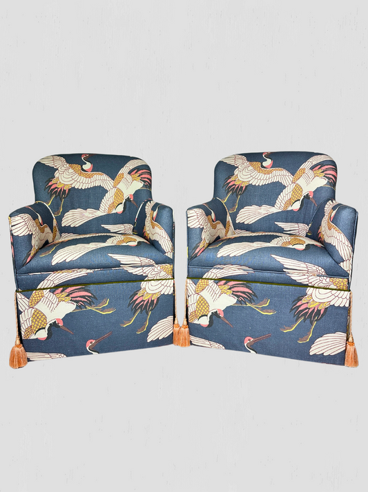 Custom Upholstered Arm Chairs with Blue Heron Print & Tassels