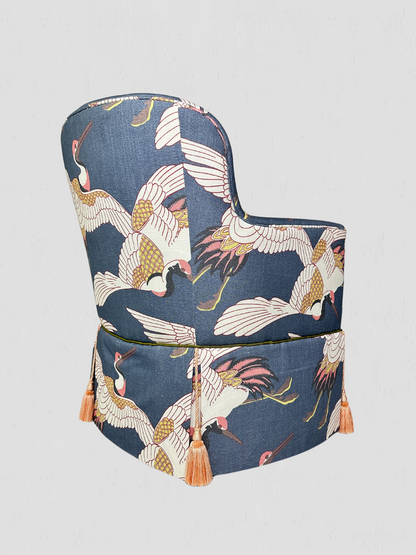 Custom Upholstered Arm Chairs with Blue Heron Print & Tassels