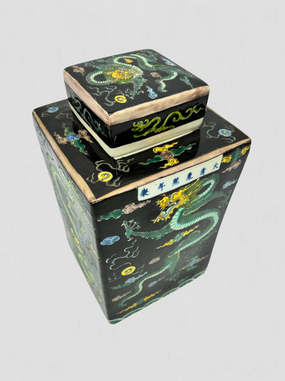 Black & Green Dragon Motif Porcelain Square Lidded Tea Jar