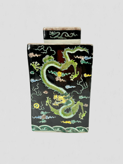 Black & Green Dragon Motif Porcelain Square Lidded Tea Jar