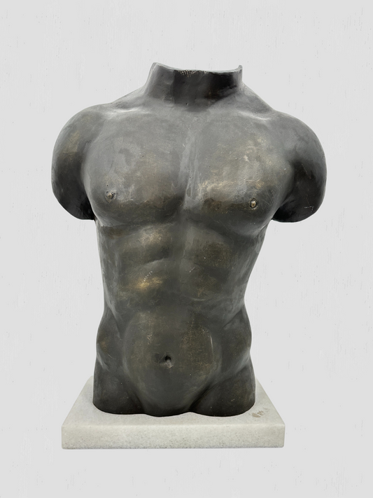 Black Metal Torso Sculpture on White Marble Base