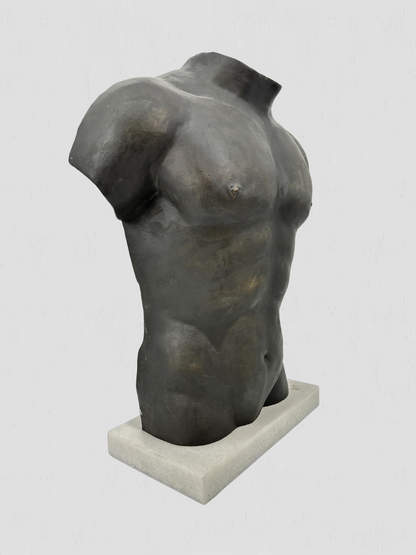 Black Metal Torso Sculpture on White Marble Base