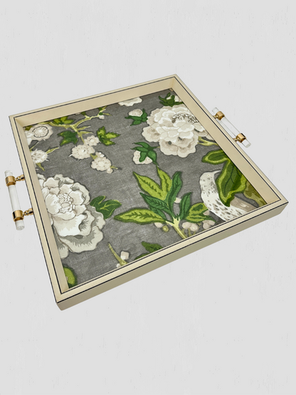 Floral Decorative Tray Lucite Handles