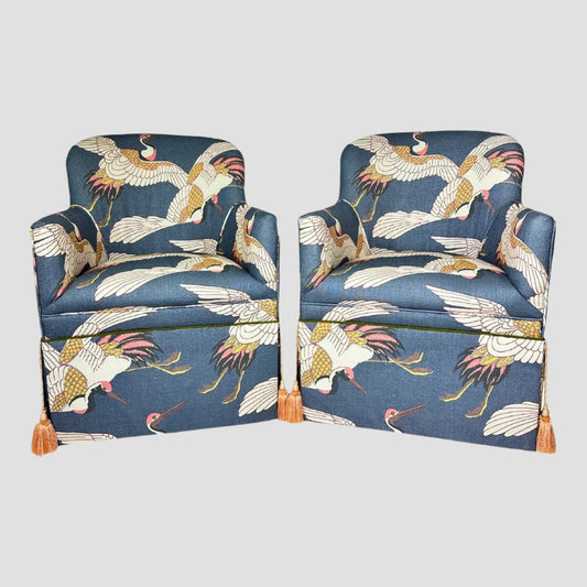 Custom Upholstered Arm Chairs with Blue Heron Print & Tassels