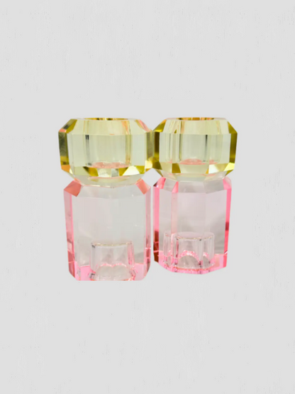 Faceted Crystal Candle Holder Pair Light Pink Butter Yellow