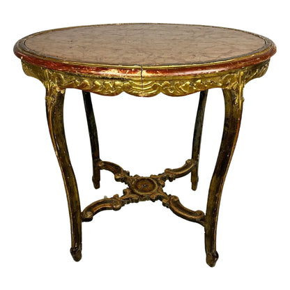 French Marble Top Table Carved Stretcher Base Antique 19th Century
